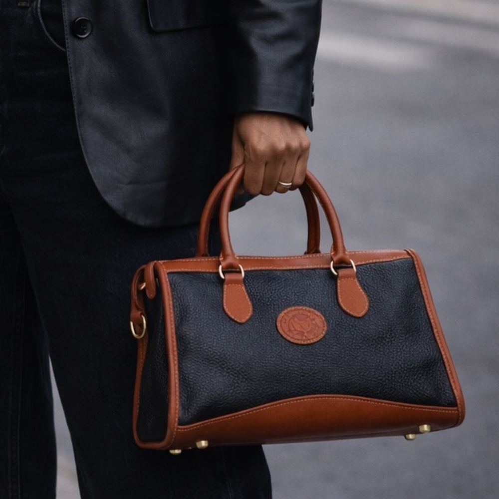 Vintage Black & British Genuine Contrasting Leather Tan Handbag - Picture 1 of 14